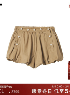 IT SEA女装松紧腰休闲短裤新款时髦复古珠饰扣饰花苞裤25091XXP