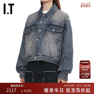 IT We11Done女装翻领牛仔夹克新款时尚帅气水洗磨白外套312USKXP