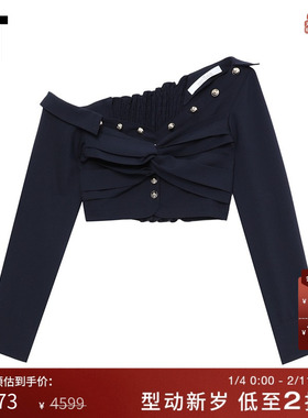 IT ROKH女装不对称长袖上衣新款性感热辣单肩露肩露脐上衣F003XM