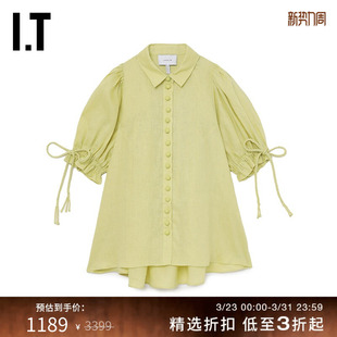 JOSLIN女装 新款 泡泡袖 衬衫 甜美复古纯色翻领上衣231470XM 短袖