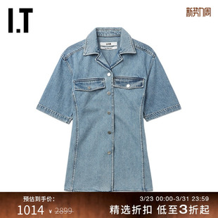 LVIR女装 复古时尚 短袖 新款 收腰直排扣上衣2SH007XM 牛仔衬衫