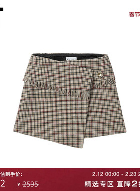 IT GANNI女装千鸟格半身裙新款甜美复古不对称围裹式短裙F95921XN