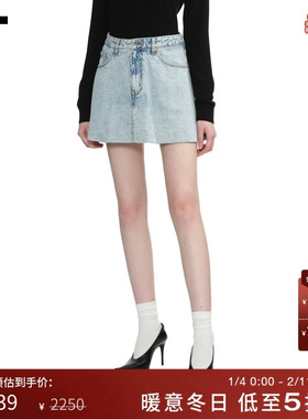 IT We11Done女装牛仔半身裙新款青春甜辣水洗磨白A字裙短裙381WSK