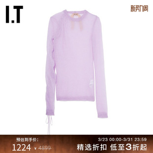 新品 透视针织衫 热辣不对称抽绳褶饰合身薄毛衣14086A N21女装