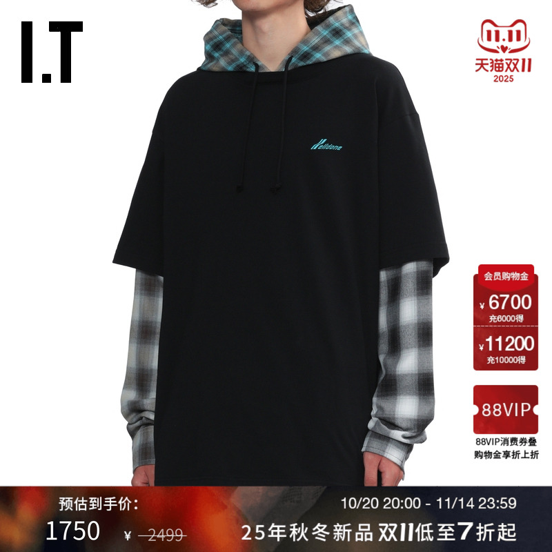ITWe11Done假两件格纹连帽卫衣