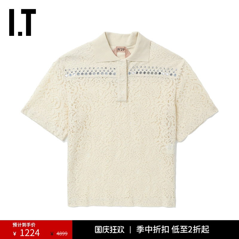 翻领上衣时尚铆钉蕾丝半袖