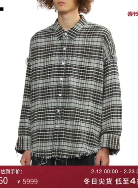 IT R13男装长袖格纹衬衫新款随性街潮做旧毛边格子上衣WR0W25MP