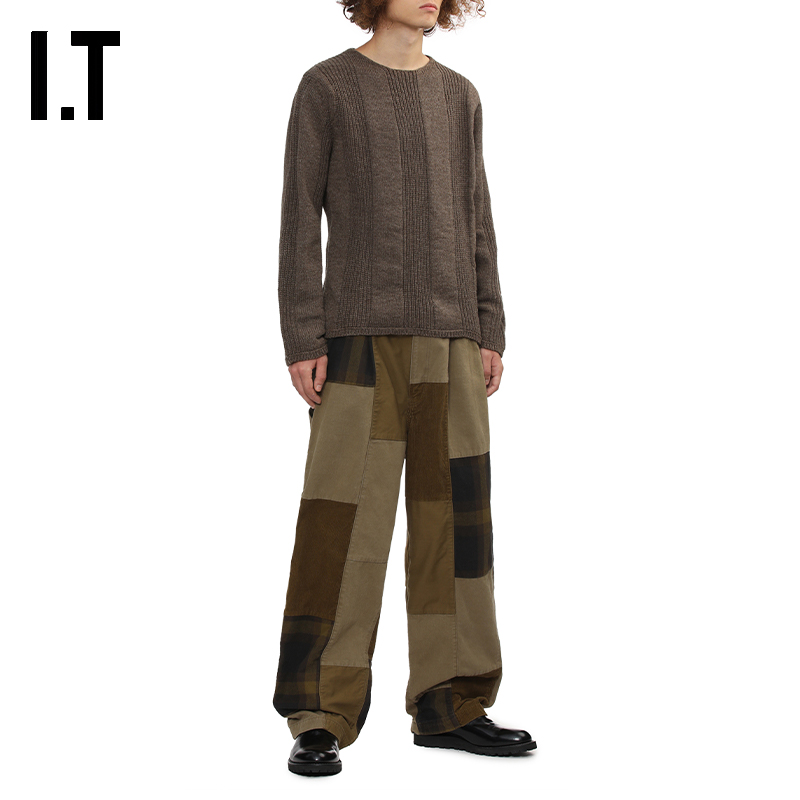 IT材质拼接阔腿裤宽松直筒长裤