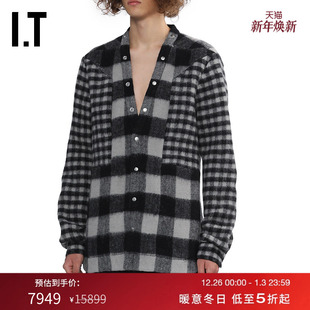 新款 无领格纹羊毛呢衬衫 Owens男装 复古质感拼接格子上衣 Rick