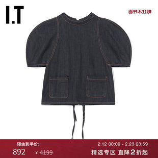 IT SJYP女装牛仔上衣新品时髦个性后背系带设计泡泡袖上衣039XI