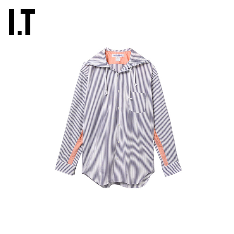 IT CDG COMME des GARCONS SHIRT男装拼色拼接竖条纹连帽衬衫新款 - 实物图