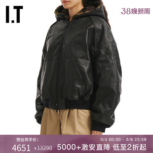 IT JUUN.J女装PU皮连帽夹克新款时尚酷感两面穿仿羊羔绒拉链外套