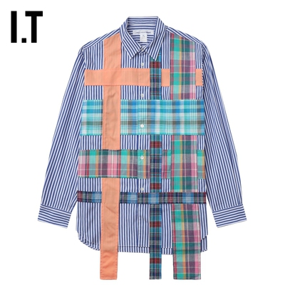 IT竖条纹衬衫格纹裁布拼贴衬衣