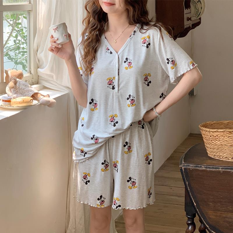 夏季带胸垫莫代尔月子服哺乳短裤短袖套装家居服哺乳上衣孕妇睡衣