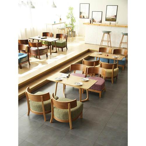 咖啡厅桌椅奶茶店沙发组合书吧清吧甲板实木休闲接待洽谈座广受欢