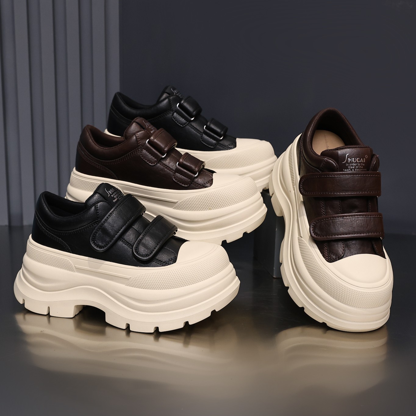 殊彩7CM厚底增高复古擦色鞋2025秋款魔术贴板鞋拼色休闲鞋运动鞋