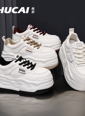 7CM殊彩厚底增高小白鞋2025冬新款加绒保暖运动鞋系带拼色休闲鞋