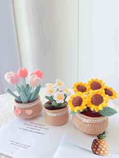 手工编织DIY毛线花束材料包郁金香小雏菊盆栽钩织自制摆件永生花