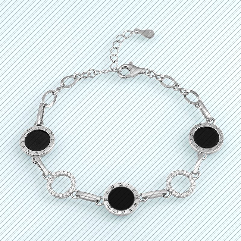 S925银镶嵌天然墨翠A货翡翠墨玉手链玉石简洁时尚女款银链可调节