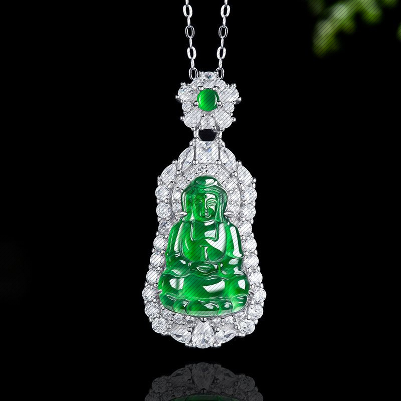 高档天然a货翡翠阳绿小观音冰种玉石S925银镶吊坠挂件男女款玉坠