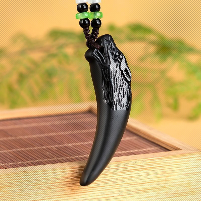 正品天然翡翠墨玉虎牙吊坠男士首