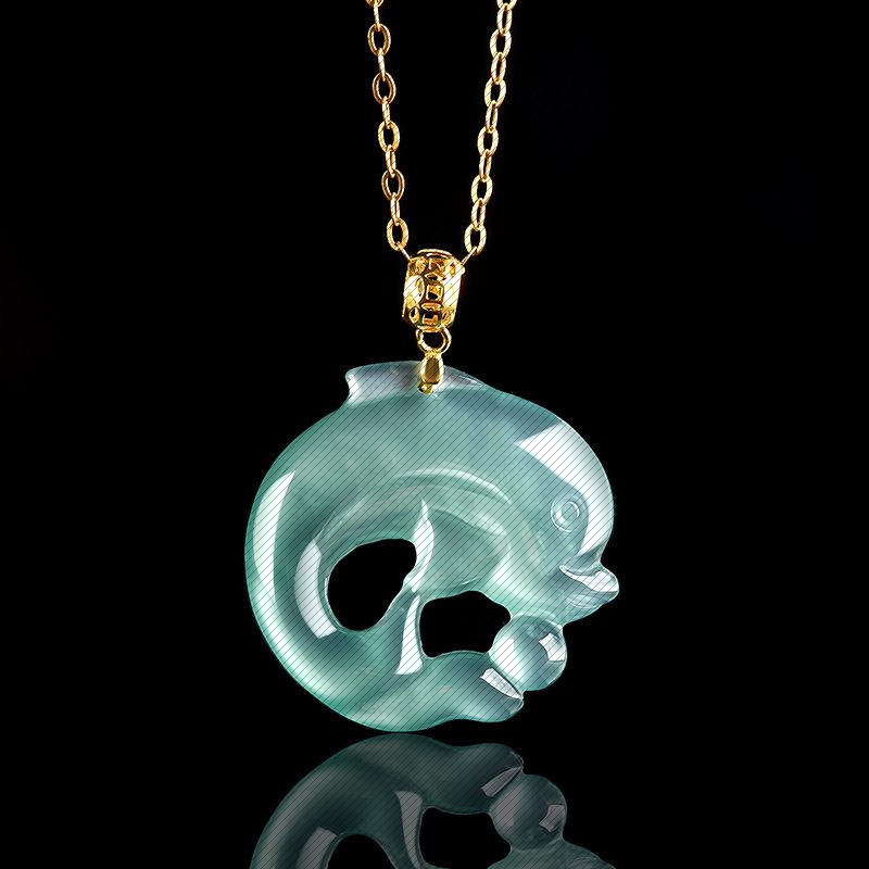 正品天然A货翡翠蓝水海豚玉石吊坠18K金镶冰种挂坠时尚女款批发