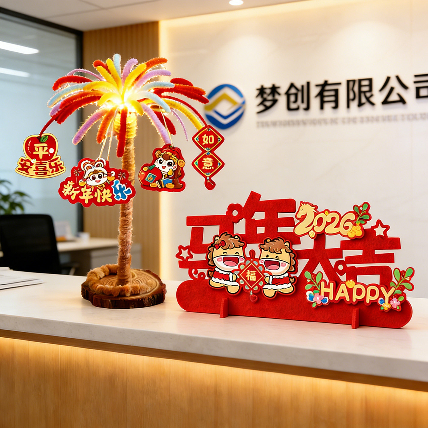 2026新年乔迁氛围布置公司店铺前台桌面毛绒创意小摆件过年装饰品