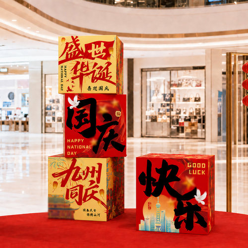 国庆节氛围布置商场店铺活动道具摆件堆头中秋主题场景装饰背景墙