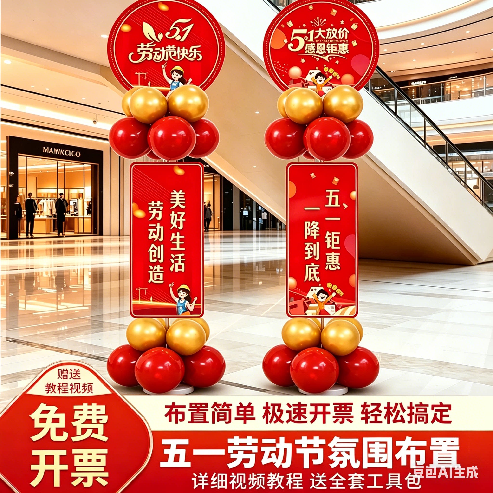五一劳动节店铺商场气球立柱布置图片