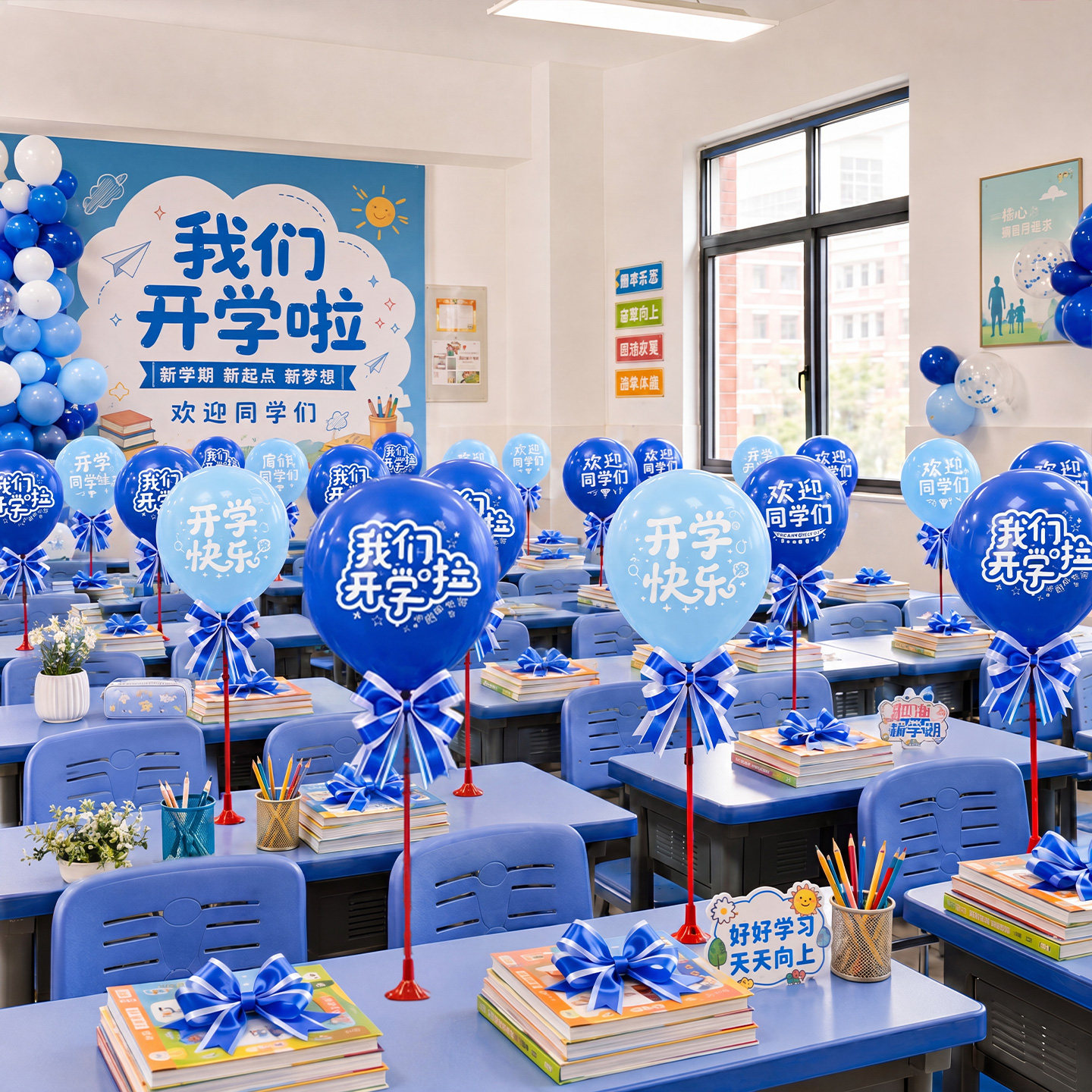 开学季教室班级小学幼儿园桌面气球拉花场景布置初中学校氛围装饰