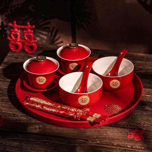 结婚喜碗敬茶杯一对红色对碗筷