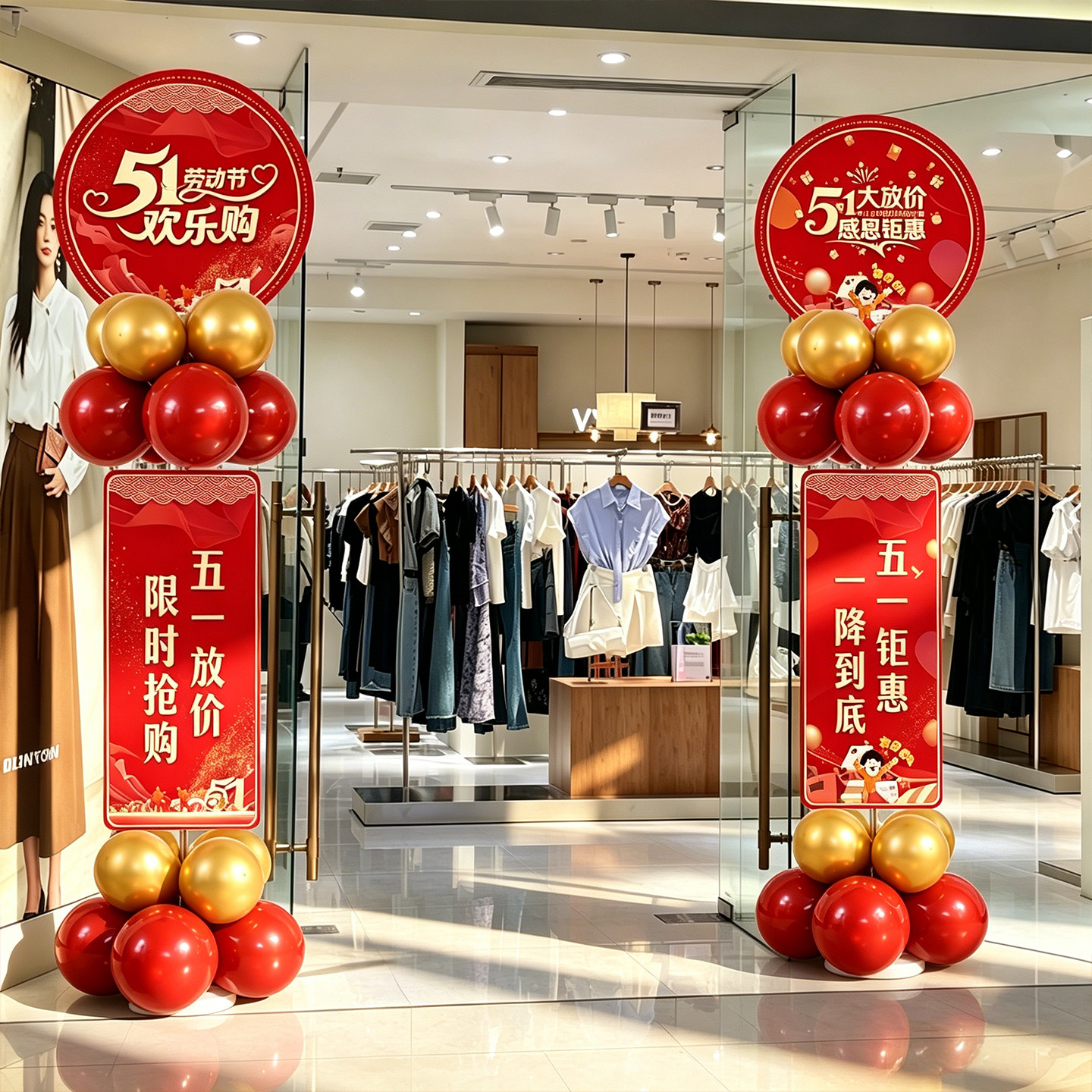 五一劳动节店铺商场气球立柱布置图片