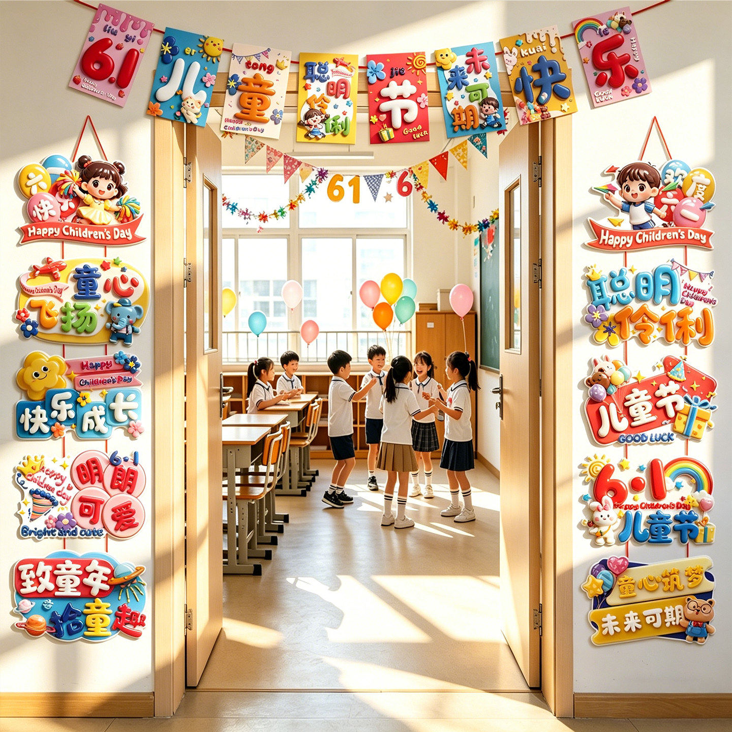 六一儿童节教室布置门口拉旗横彩小学幼儿园吊旗门挂场景装饰氛围