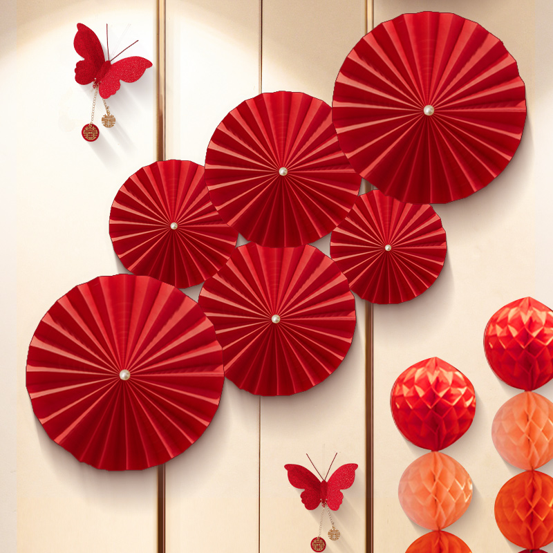 男女卧室ins风简约纸扇花背景墙