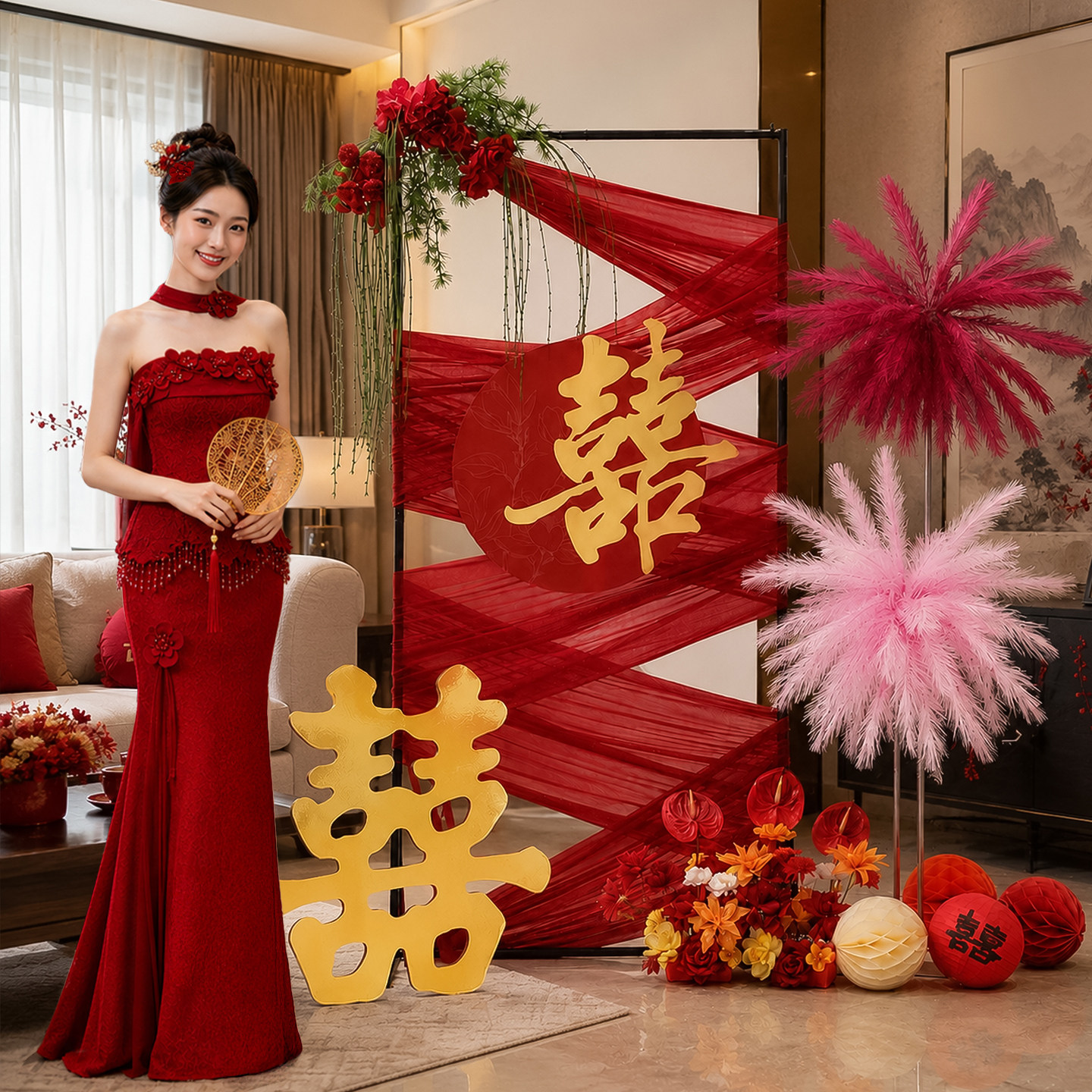 婚房布置仿真花路引喜字套装