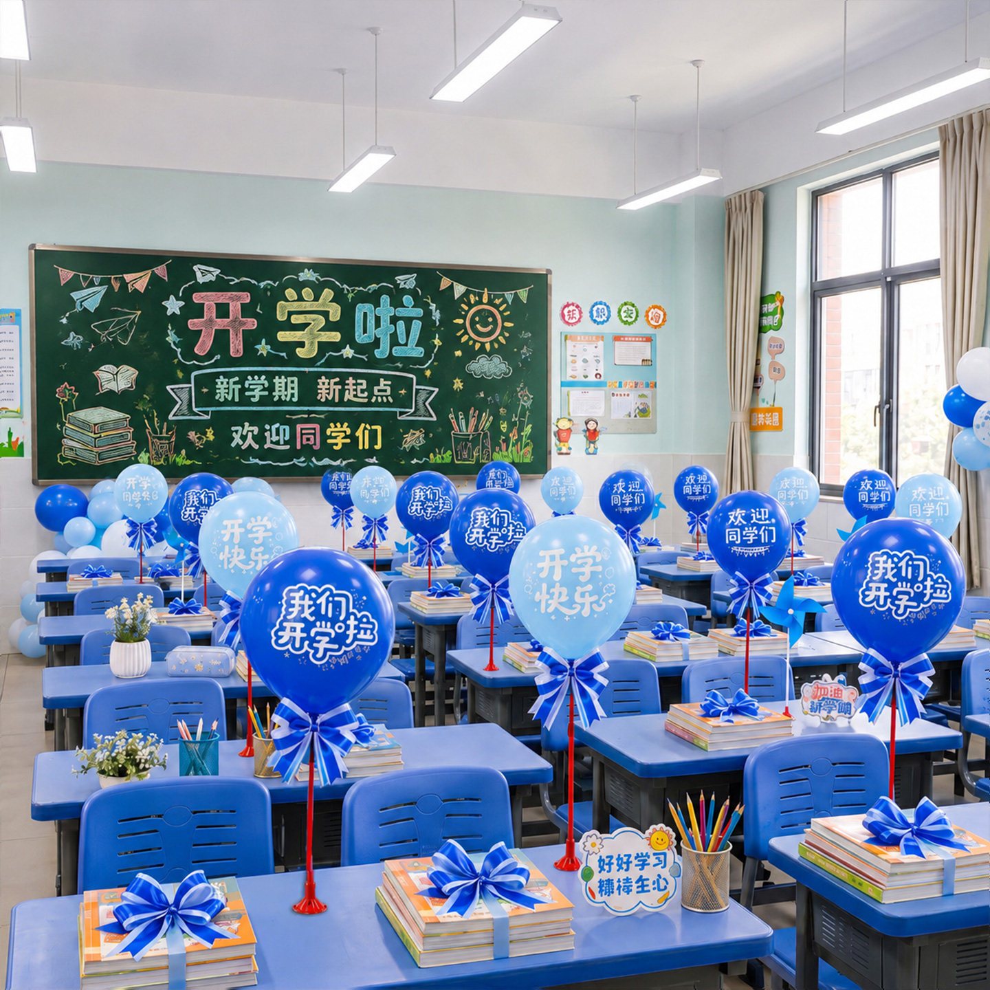 开学季教室桌面气球风车拉花装饰图片