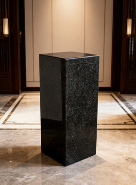 天然黑洞石立柱大理石底座摆件