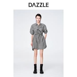 【奥莱专供】DAZZLE地素奥莱法式复古格纹泡泡袖抽褶短袖连衣裙女