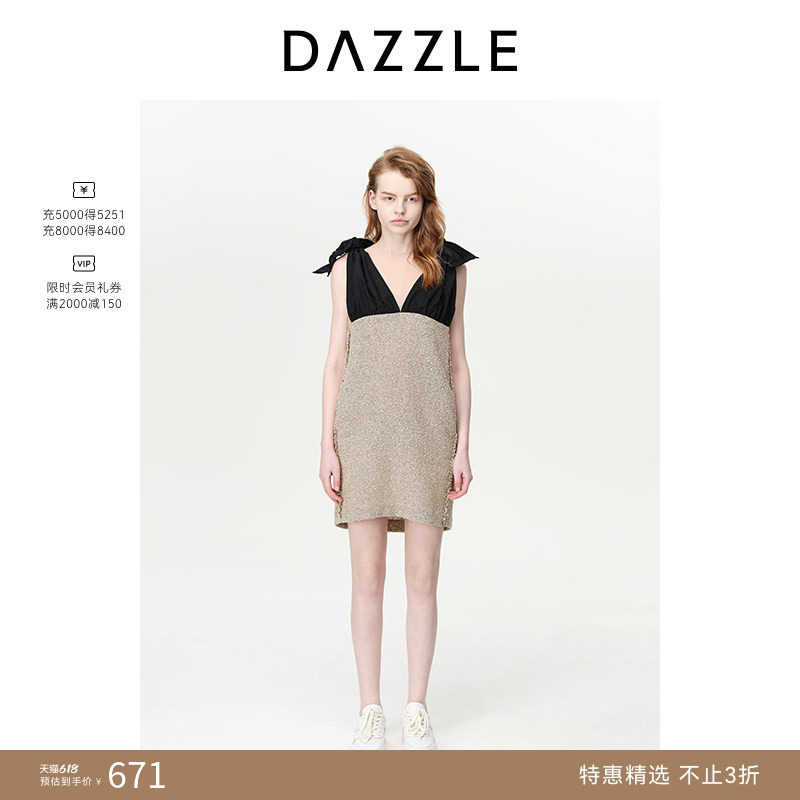 DAZZLE地素奥莱背心连衣裙春夏装蝴蝶结系带花呢拼接直筒裙女