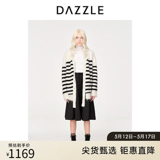 DAZZLE地素奥莱秋通勤马海毛混纺黑白条纹软糯毛衣开衫外套上衣女