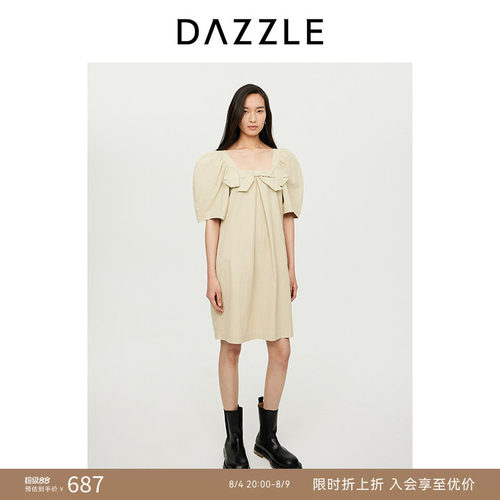DAZZLE地素奥莱 连衣裙秋季女装法式蝴蝶结方领泡泡袖短裙