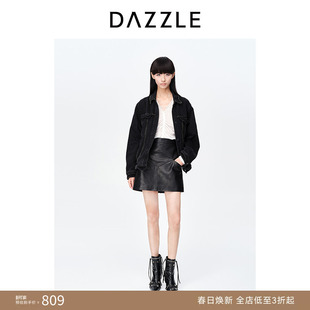 DAZZLE地素奥莱春夏黑色简约珠链装饰休闲牛仔外套