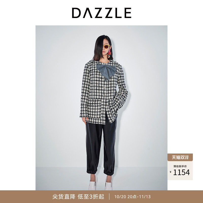 DAZZLE地素奥莱 毛呢外套春秋女装小香风蝴蝶结饰花呢蓝灰格子大