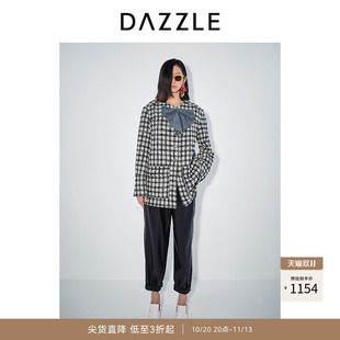 DAZZLE地素奥莱 毛呢外套春秋女装小香风蝴蝶结饰花呢蓝灰格子大