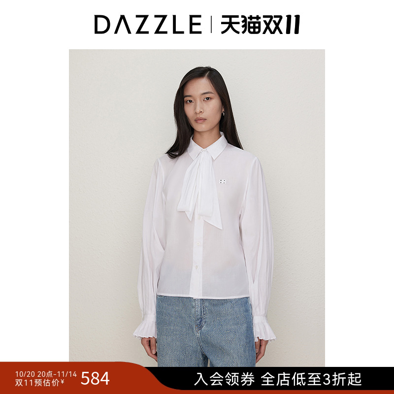 【刘雯同款】DAZZLE地素奥莱 衬衫秋季女装长袖飘带上衣