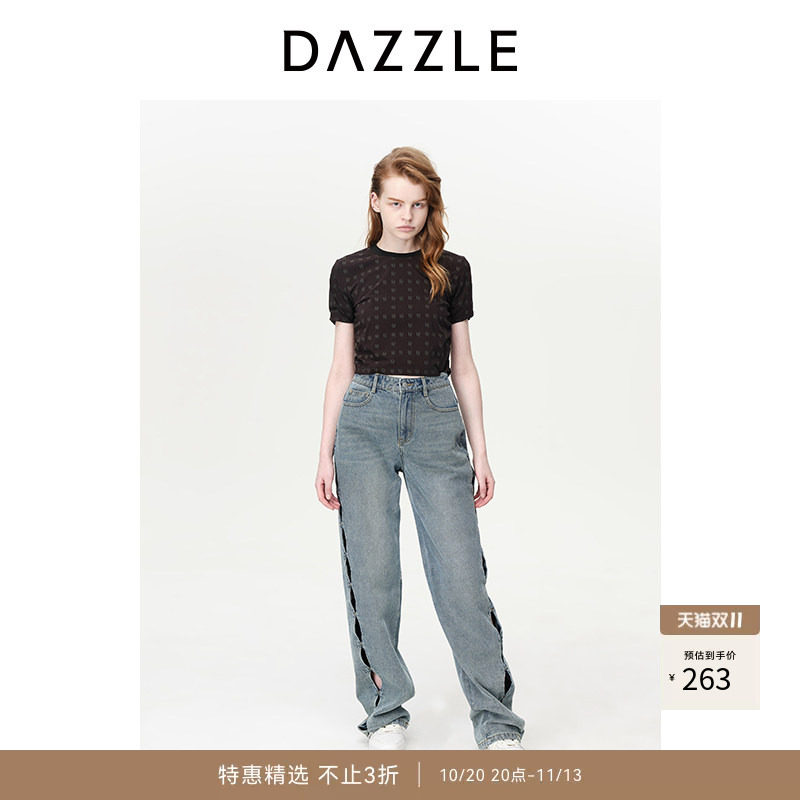 DAZZLE地素奥莱 短袖T恤春夏季满印logo印花休闲上衣女