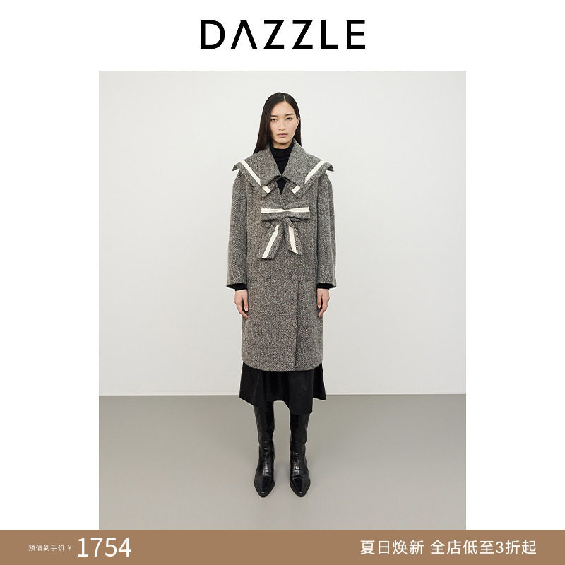 DAZZLE地素 毛呢外套冬季人字纹毛呢大衣
