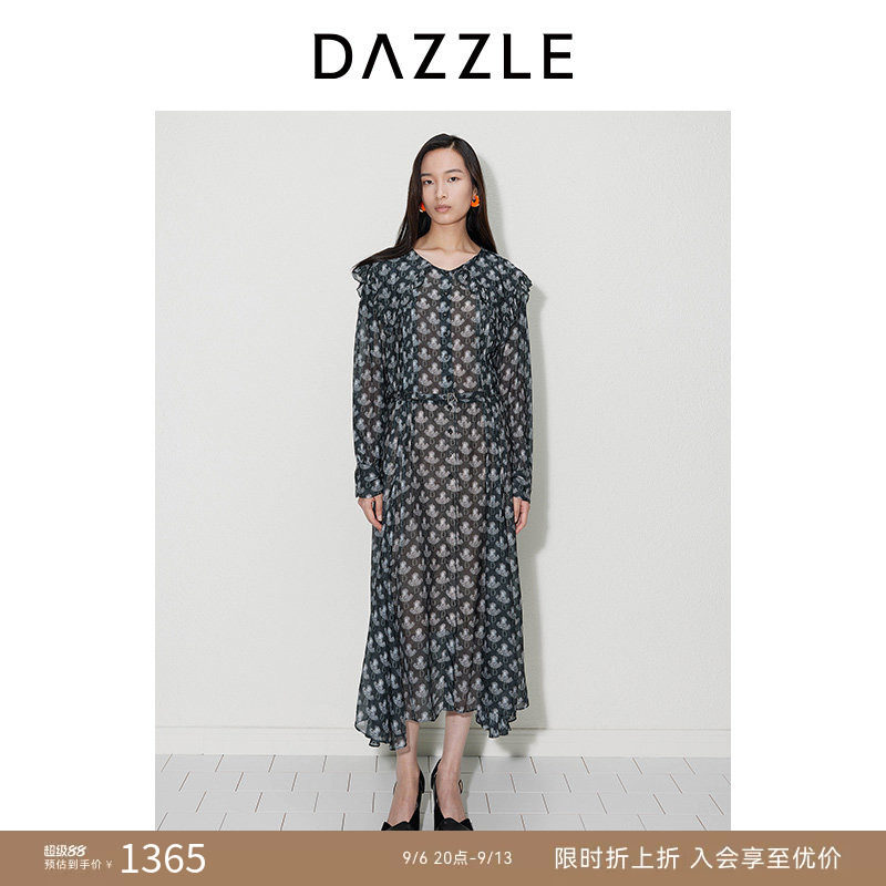DAZZLE地素奥莱 连衣裙秋季女装黑色真丝字母图案印花长裙图片