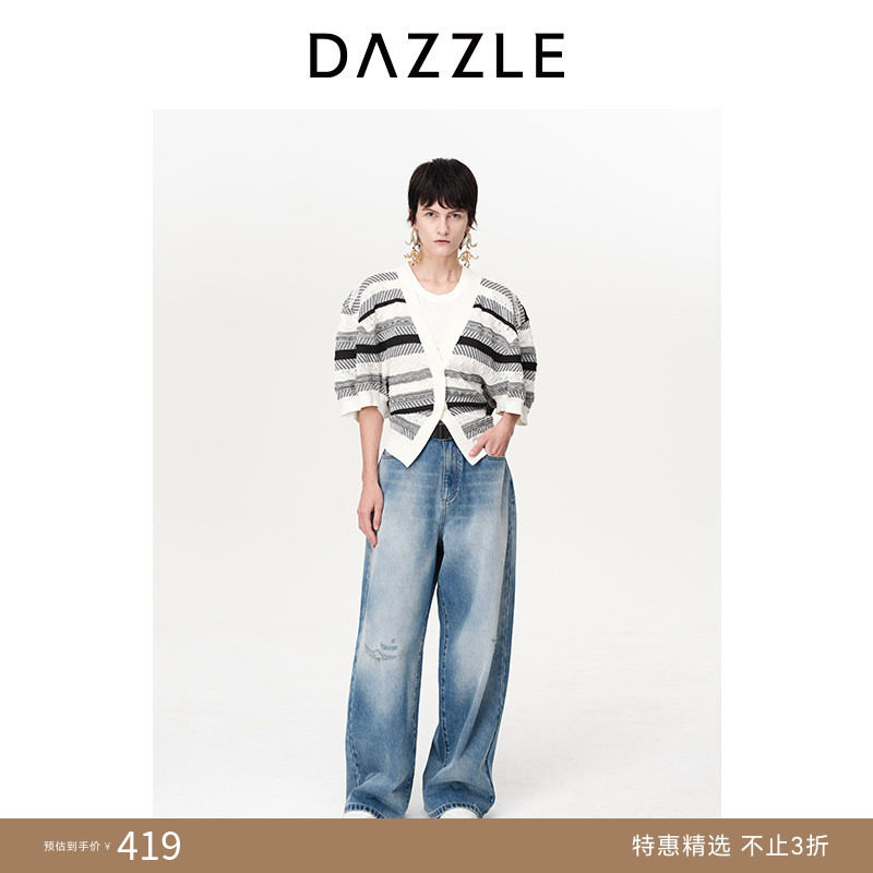 DAZZLE地素奥莱针织开衫春夏季复古条纹提花短袖外套女