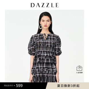 泡泡袖 DAZZLE地素奧萊 春夏款 法式 格紋連衣裙蛋糕裙女